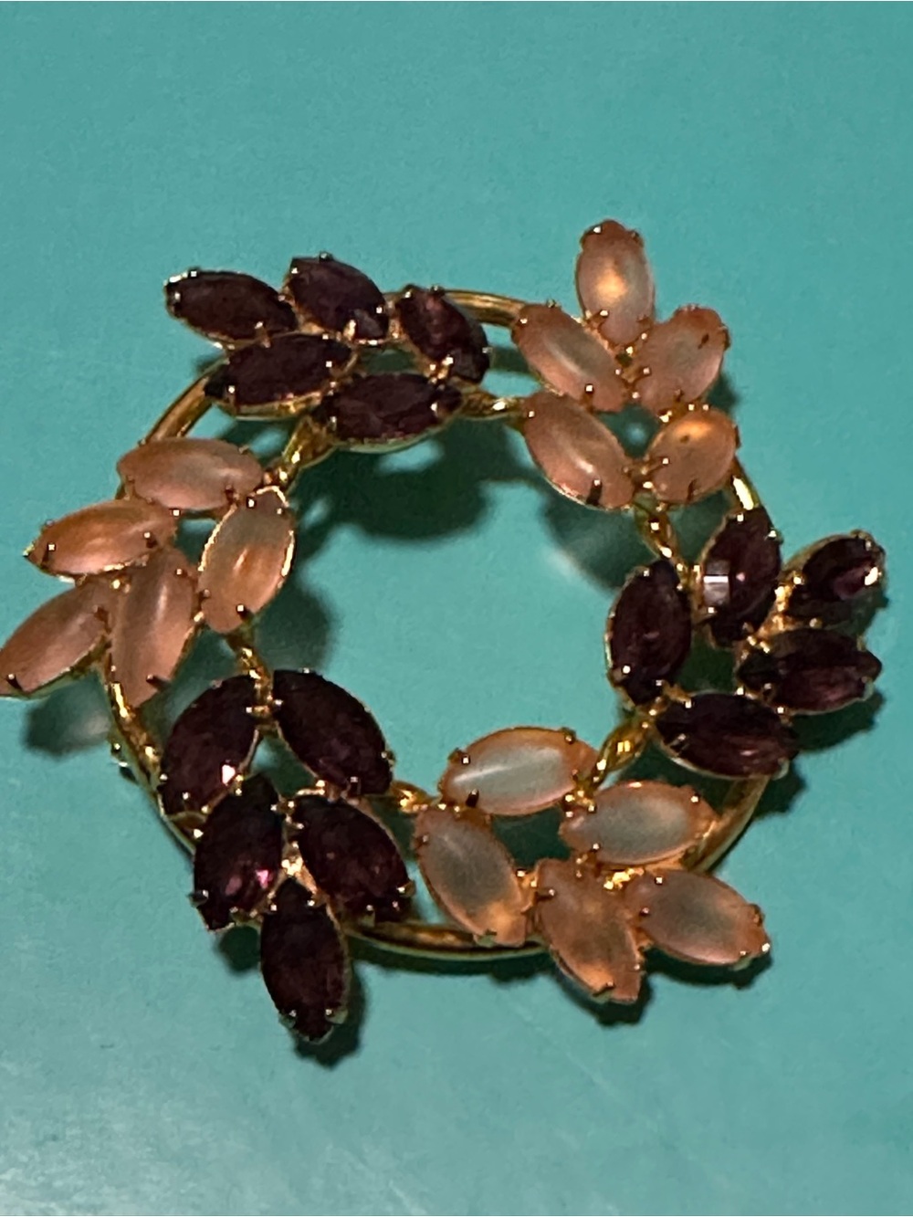 Gold Tone Wreath Brooch with Pink and Deep Purple Marquise Stones